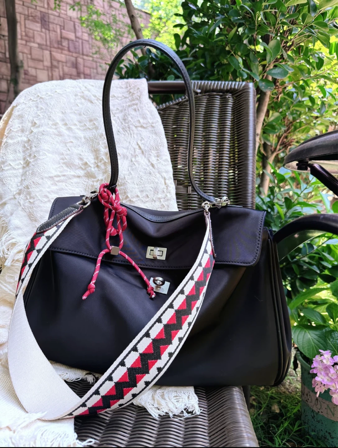 Black Nylon Top Handle Bag with Decorative Charm - photo 2