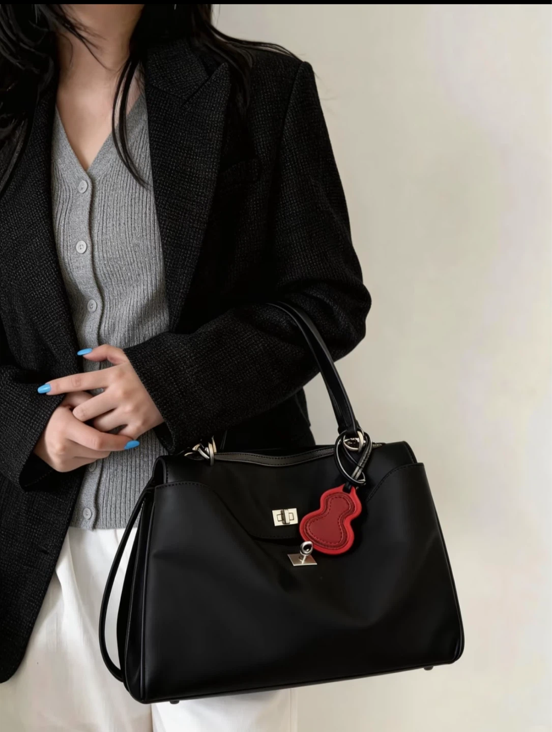 Black Nylon Top Handle Bag with Decorative Charm
