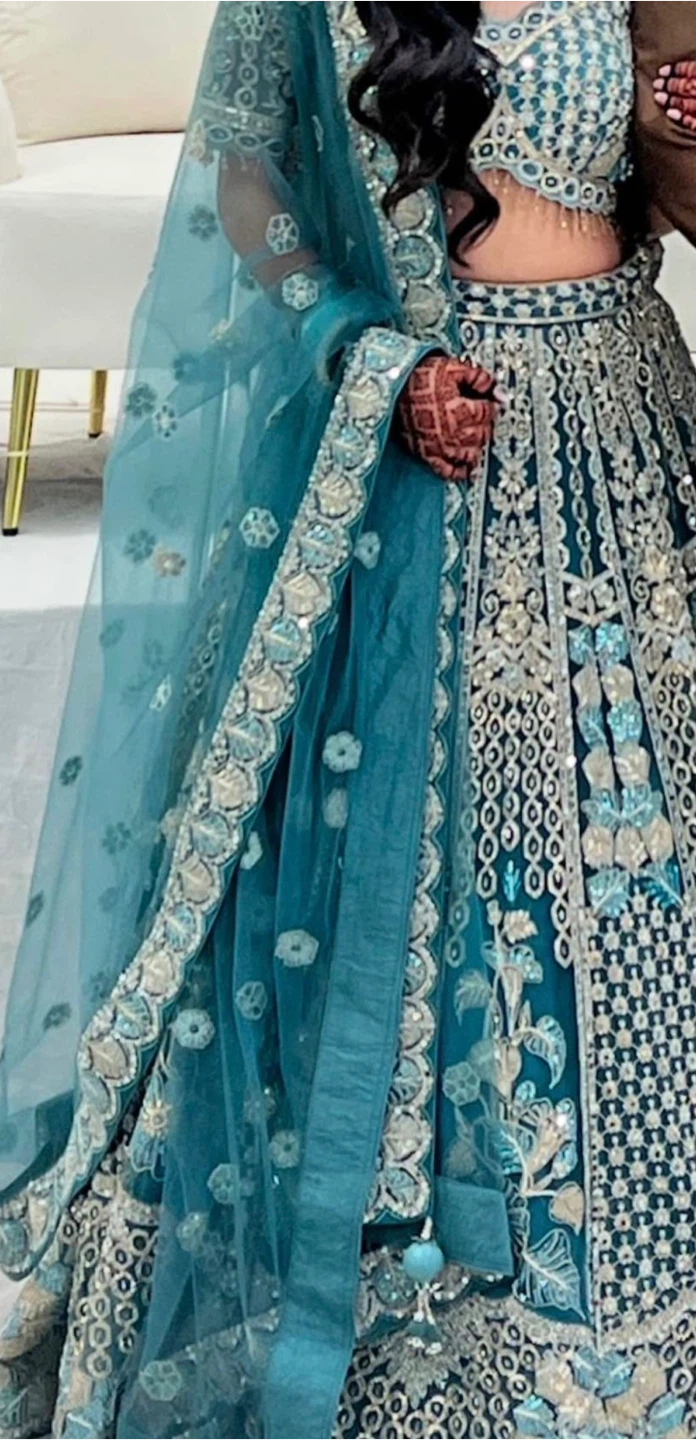 Teal Embroidered Lehenga Choli with Dupatta - photo 2
