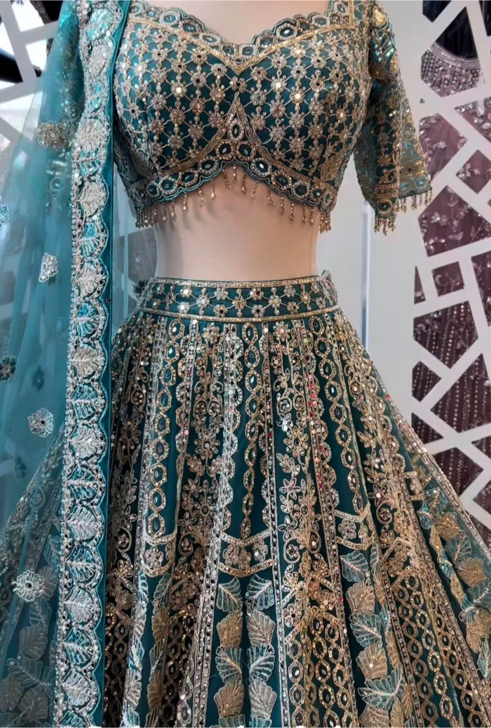 Teal Embroidered Lehenga Choli with Dupatta - photo 3