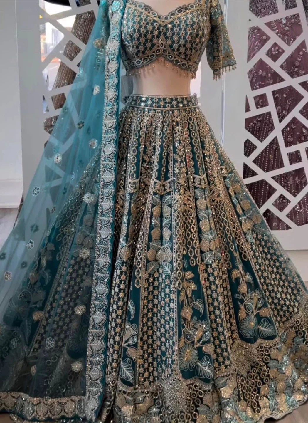 Teal Embroidered Lehenga Choli with Dupatta - photo 4