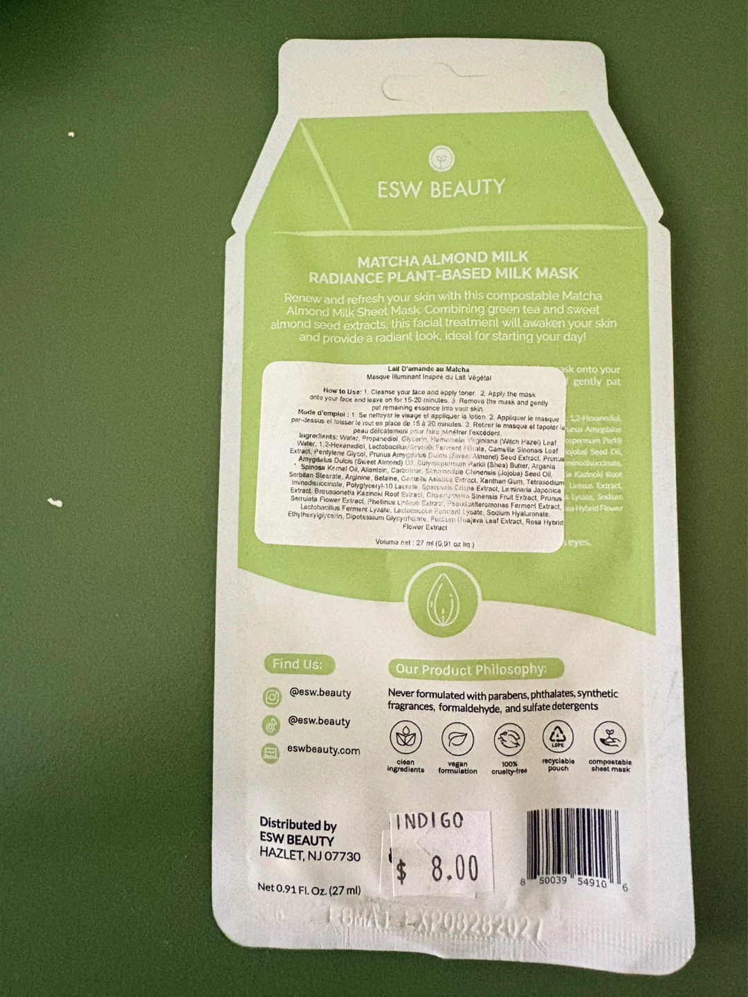 ESW Beauty Matcha Almond Milk Radiance Plant-Based Milk Mask - photo 2