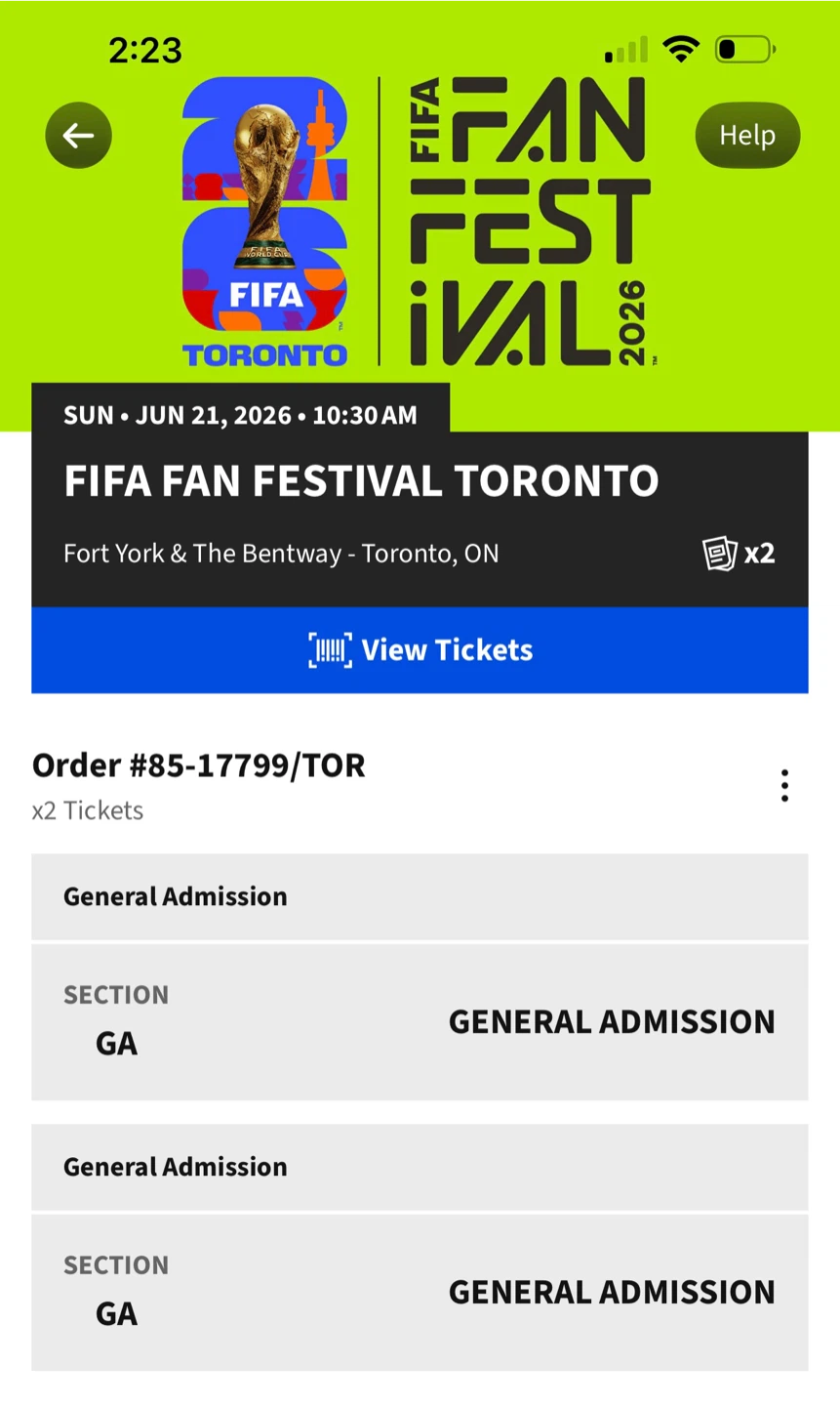 2 ⚽ tickets FIFA Fan Festival Toronto Tickets - June 21, 2026