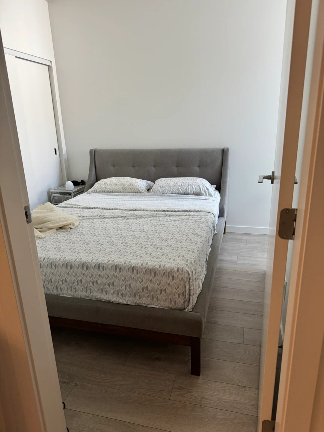 MOVING SALE- Queen size- Grey Upholstered Wingback Bed Frame