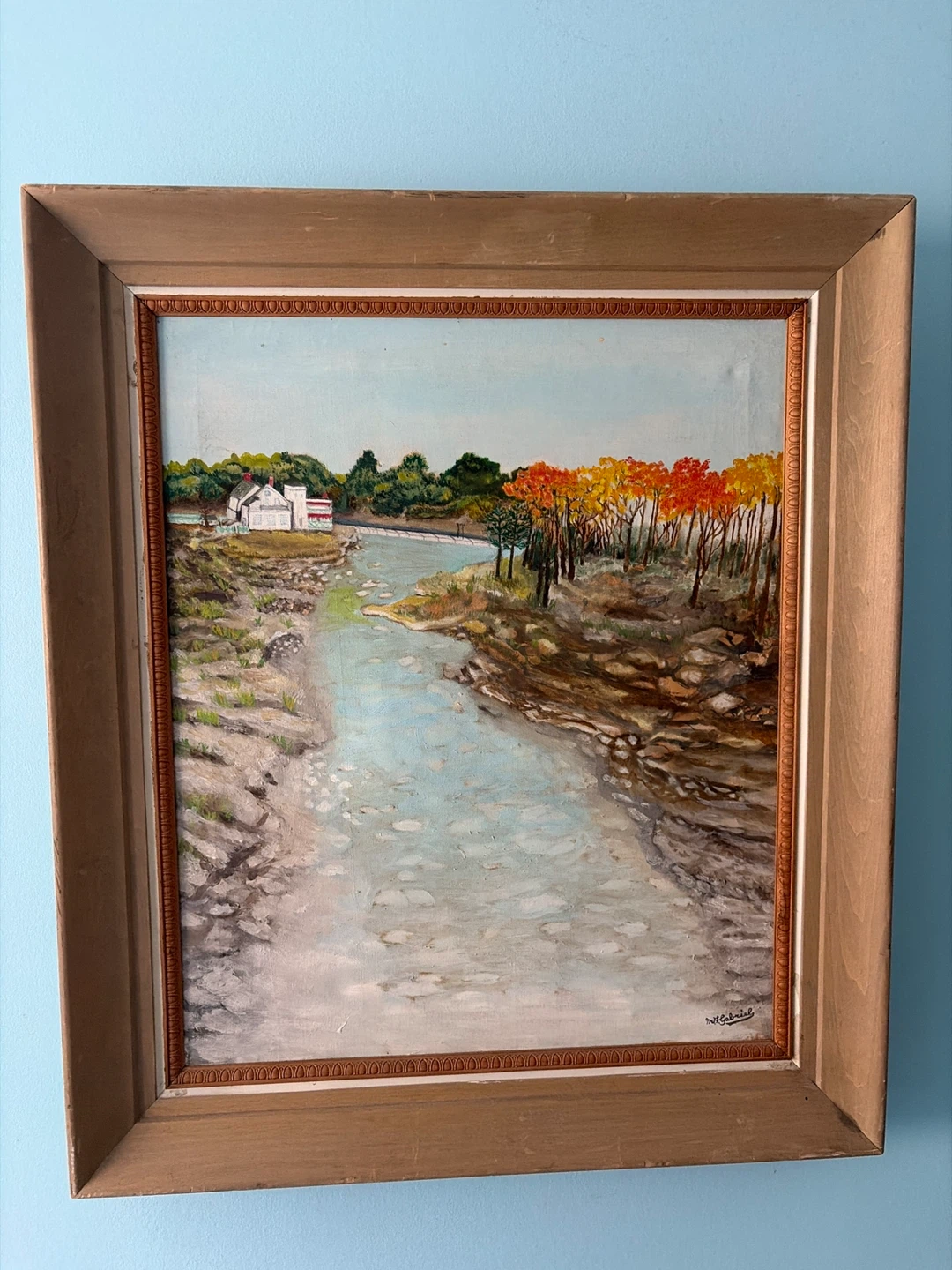 Framed Landscape Painting of a River and House