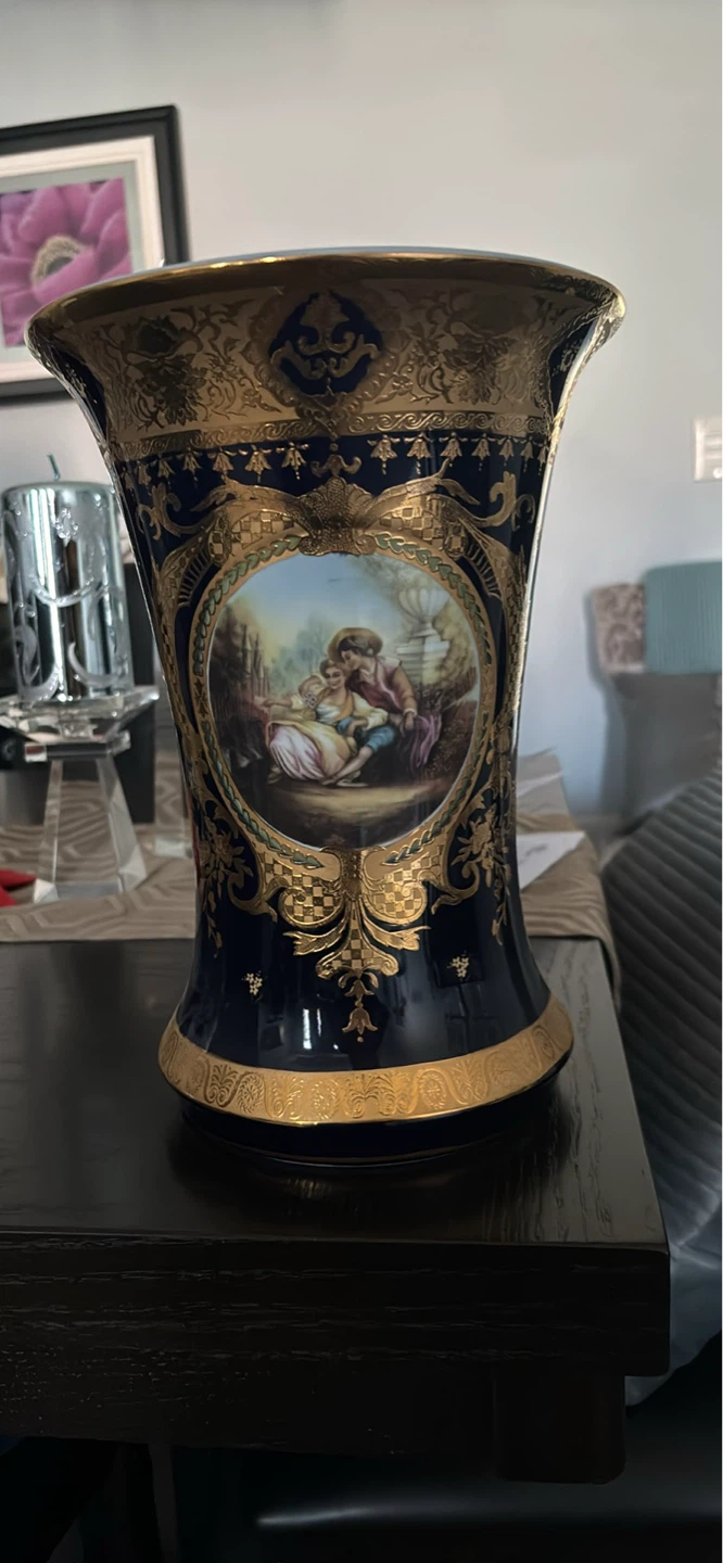 Decorative Blue and Gold Vase with Romantic Scene
