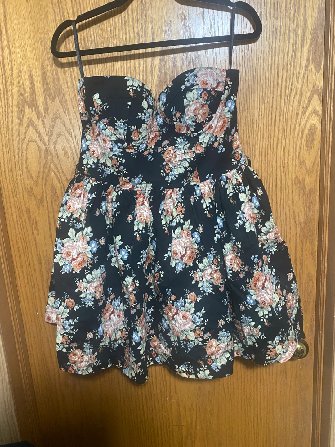 Black Floral Strapless Fit-and-Flare Dress