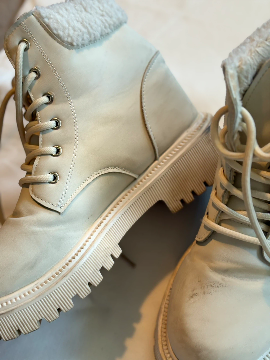 Cream Lace-Up Winter Boots