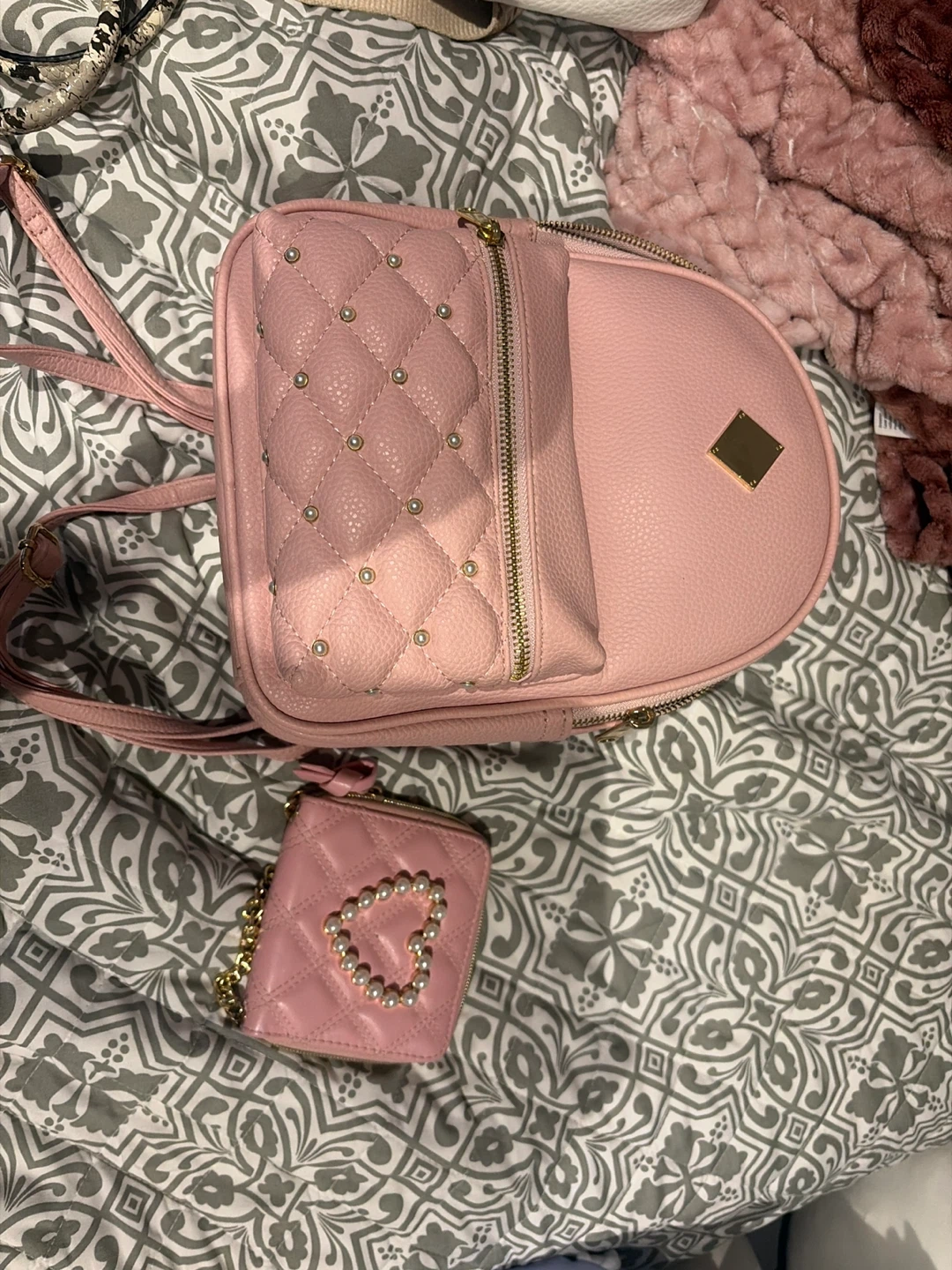 Pink Quilted Backpack with Matching Wallet