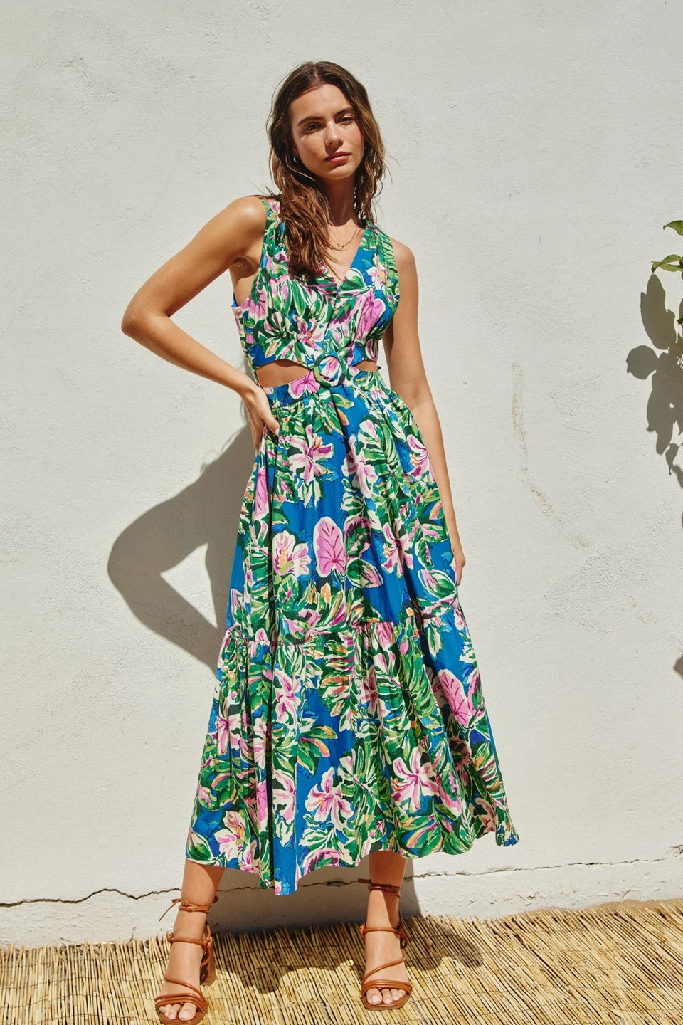 Blue Floral Maxi Dress with Cutouts