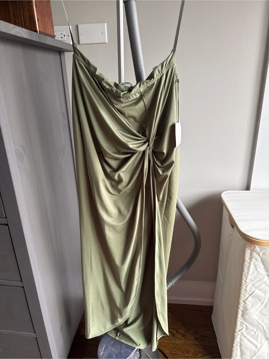 Olive Green Satin Twist Midi Skirt