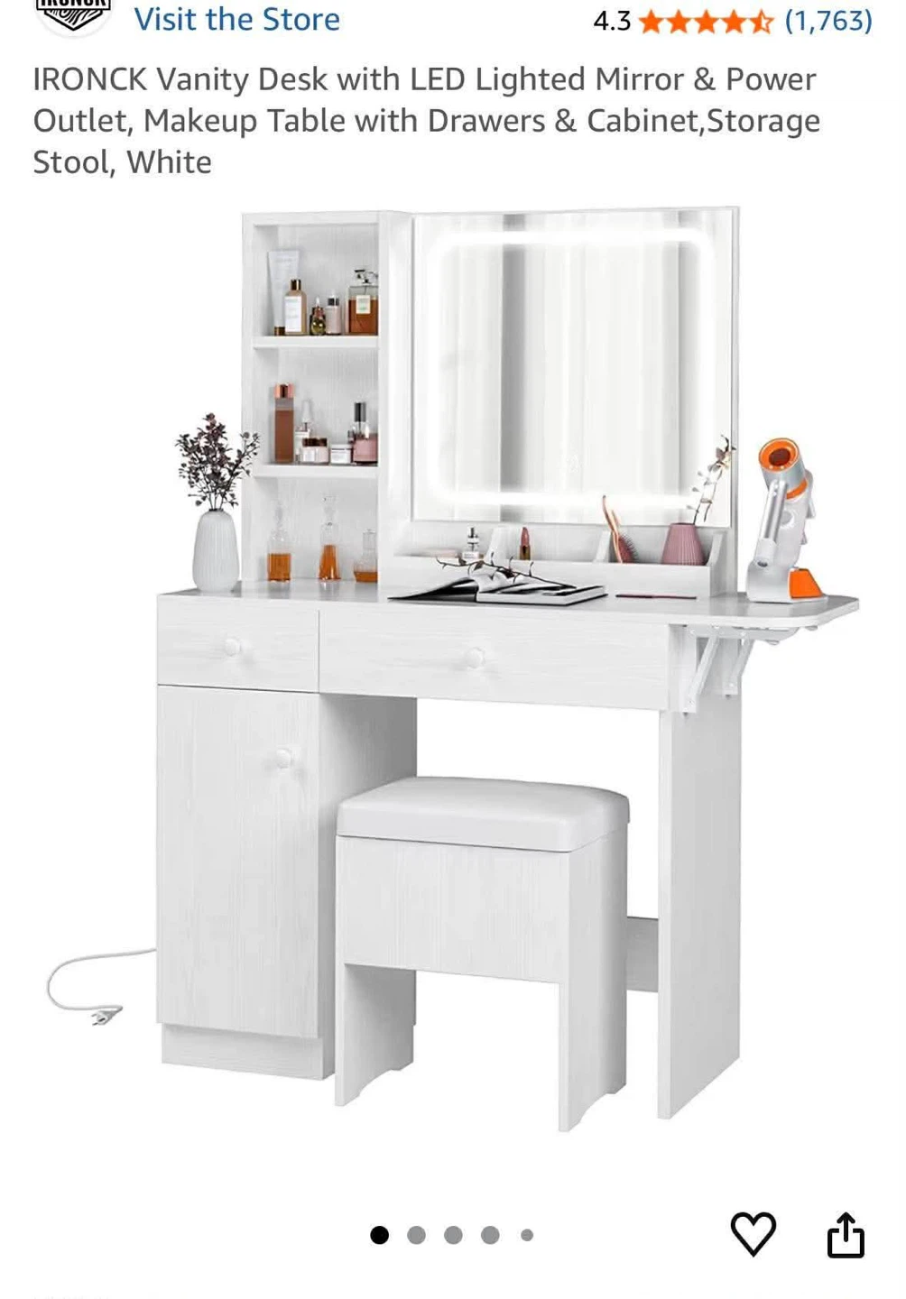 IRONCK Vanity Desk with LED Lighted Mirror & Power Outlet, White - photo 2