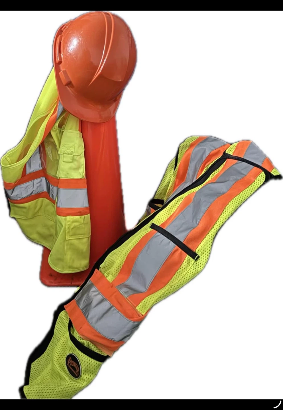 Hard hat, safety vests, cone
