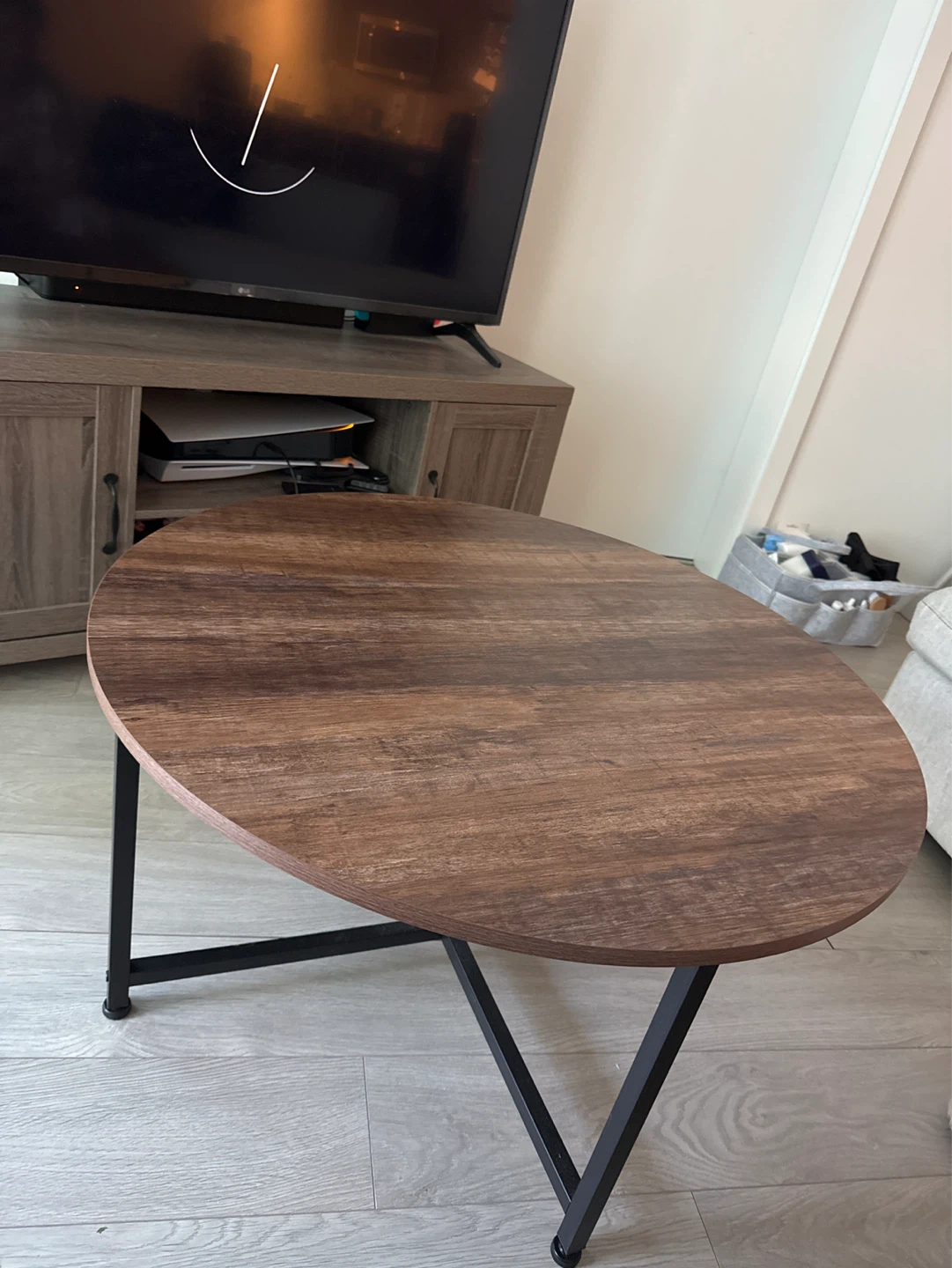 MOVING SALE Round Wood Coffee Table with Black Metal Legs