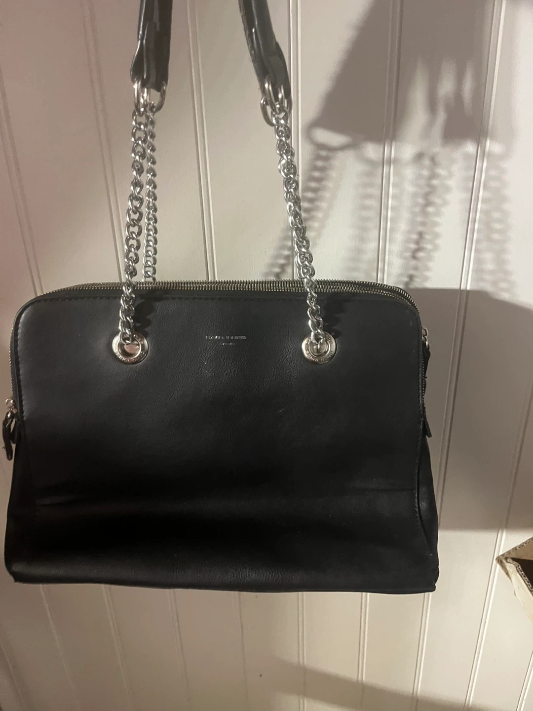 DAVID JONES PARIS Black Tote Bag with Silver Chain Accents
