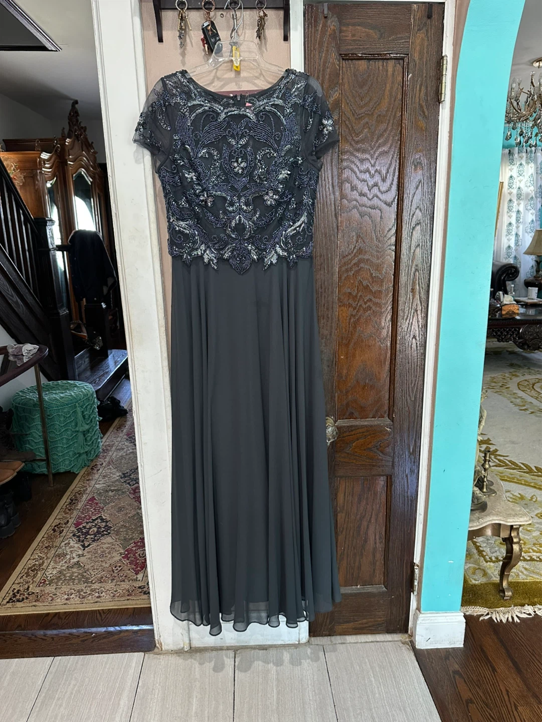 Xscape Embellished Charcoal Gray Evening Maxi Dress