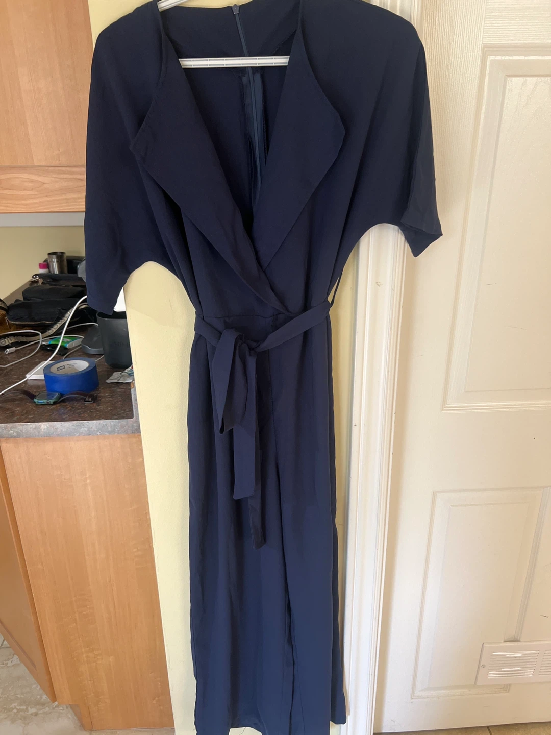 Navy Blue Wide-Leg Jumpsuit with Belt