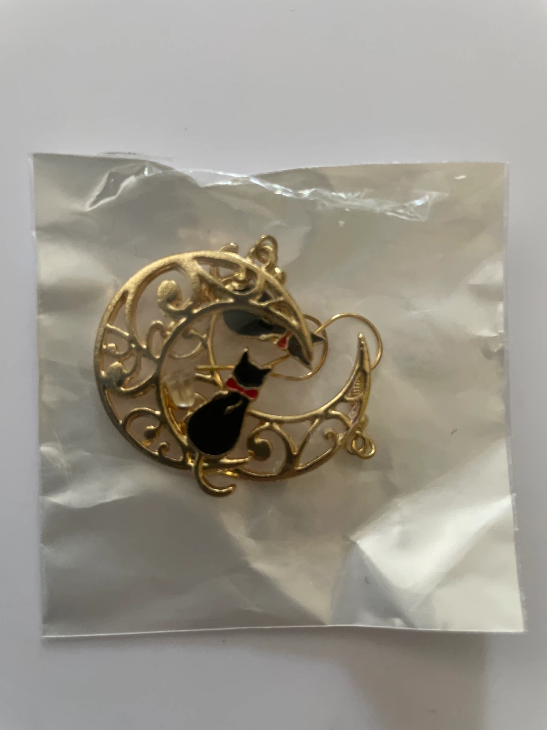 Gold-tone Black Cat on Moon Pendant Necklace