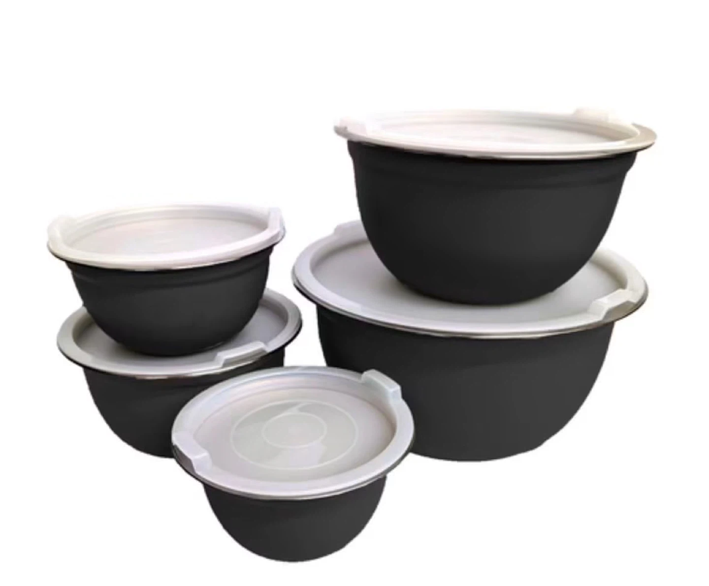 Set of 5 Black Mixing Bowls with Lids