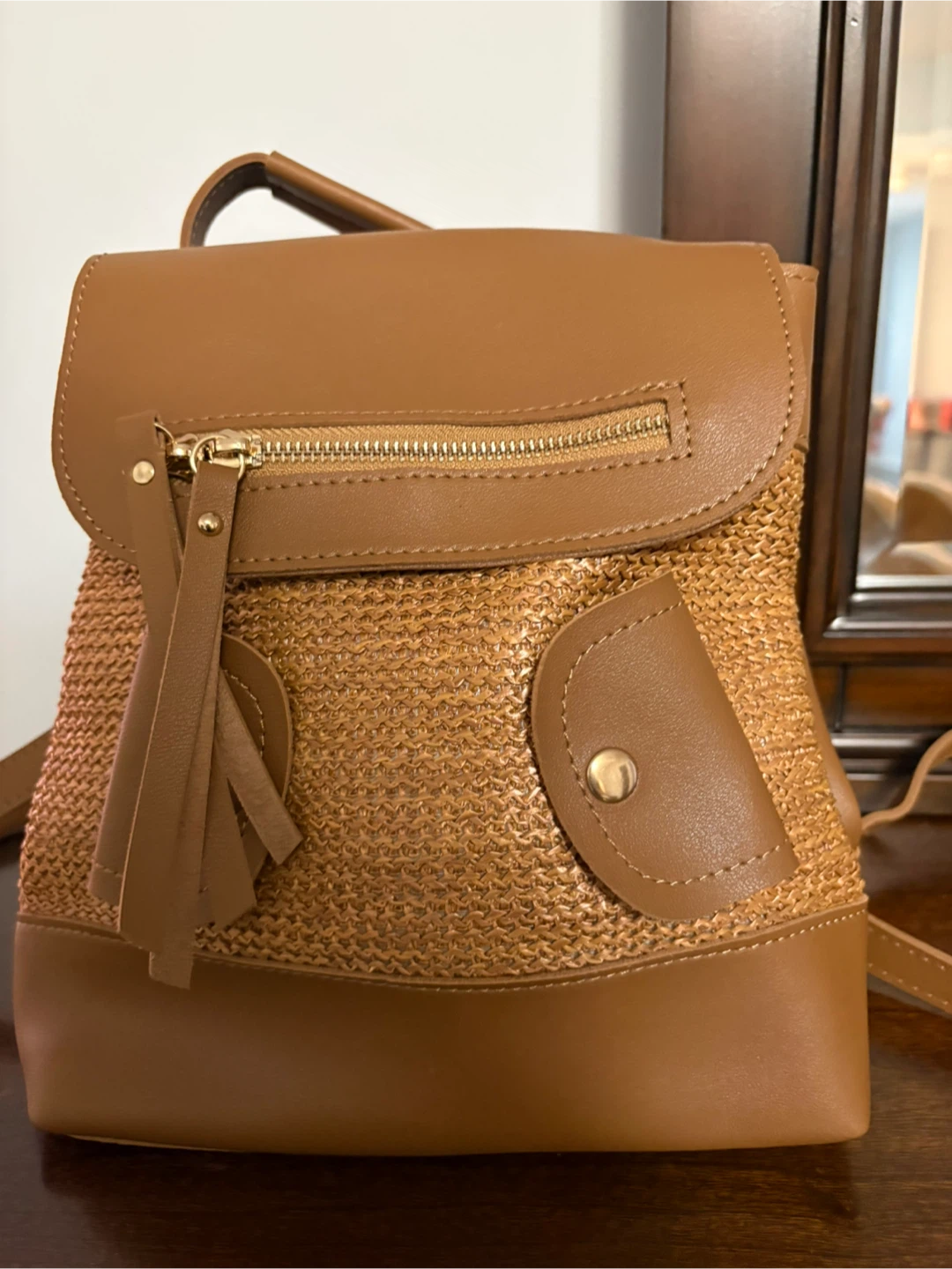 Tan Faux Leather and Woven Backpack
