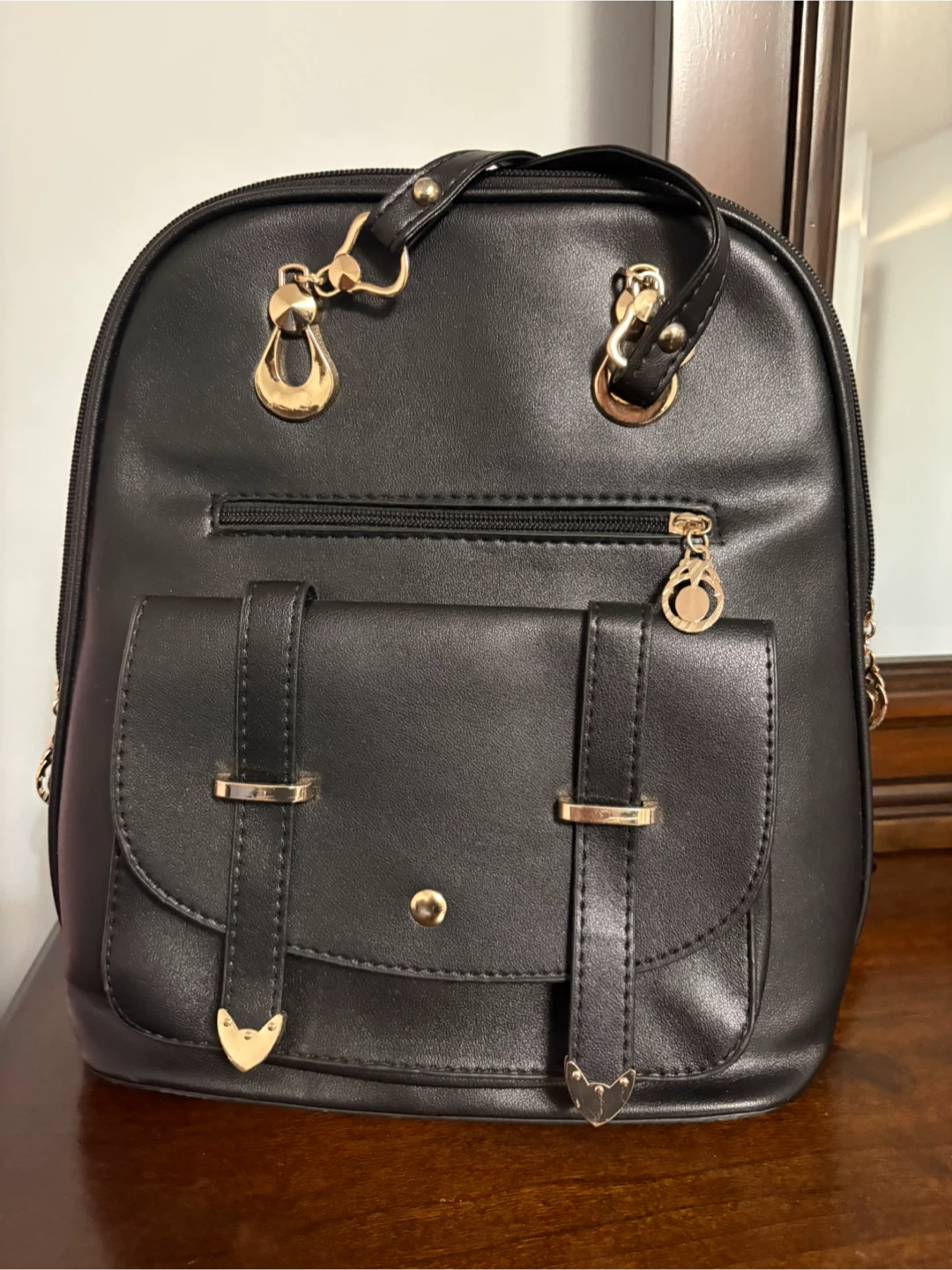 Black Faux Leather  Backpack with Gold Accents