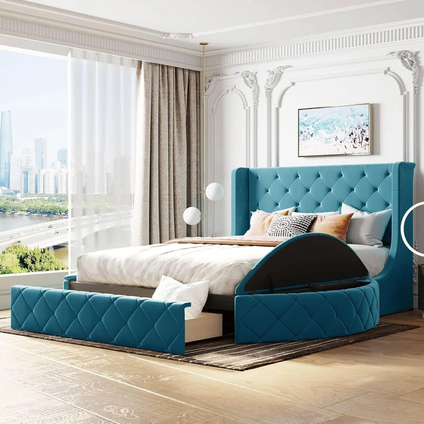 Teal Velvet King Bed Frame with Storage - photo 3
