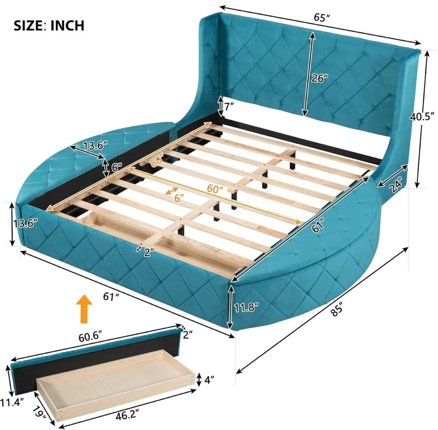 Teal Velvet King Bed Frame with Storage