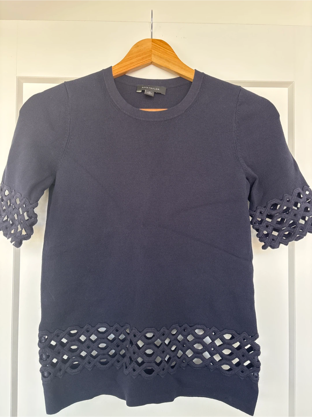Ann Taylor Navy Knit Top with Lace Detail - XS