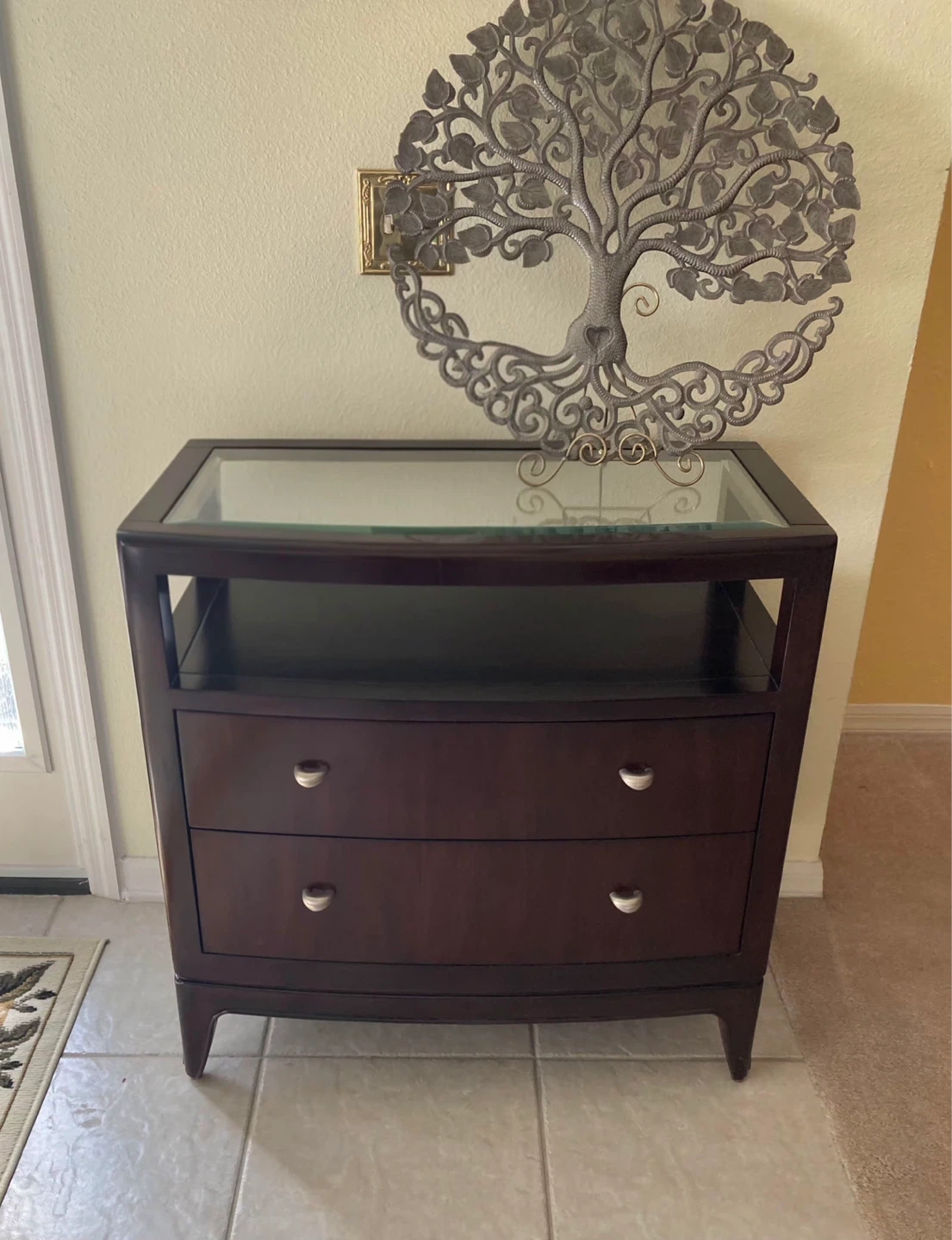 2 Dark Wood 2-Drawer Chest with Glass Top