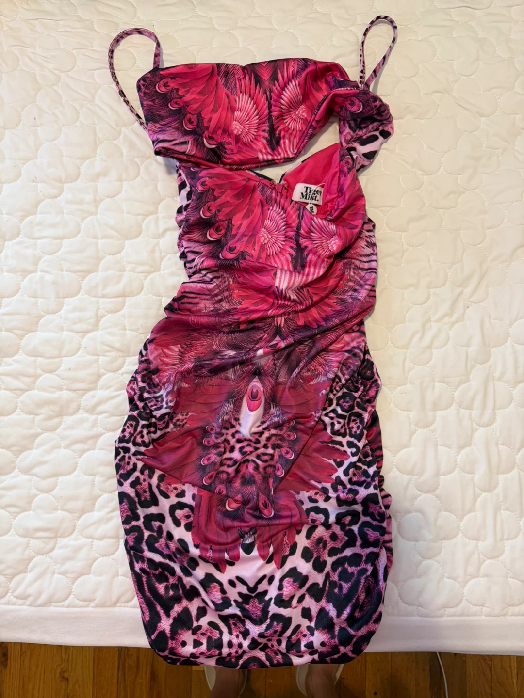 Tiger Mist Pink Peacock Print Ruched Mini Dress Size S