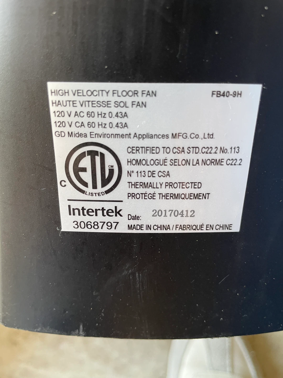 Kenmore High Velocity Floor Fan FB40-9H - photo 3