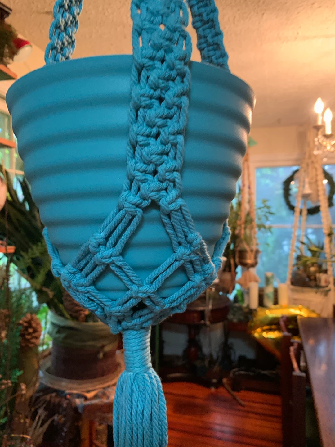 Teal Macrame Plant Hanger with Matching Pot. NEW. - photo 4