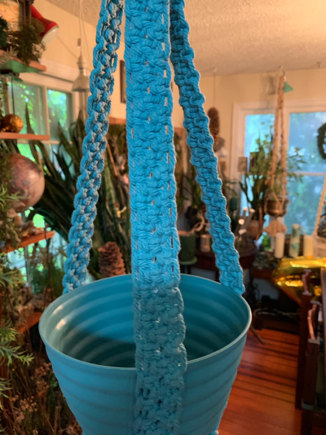 Teal Macrame Plant Hanger with Matching Pot. NEW. - photo 2