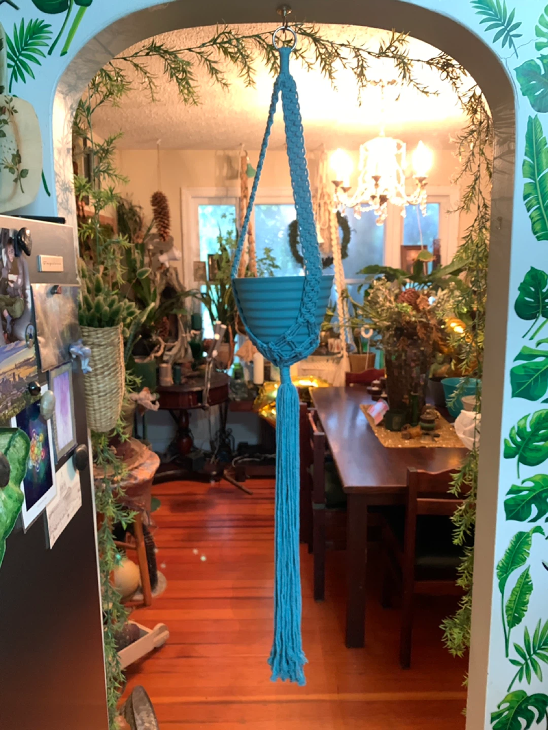 Teal Macrame Plant Hanger with Matching Pot. NEW.