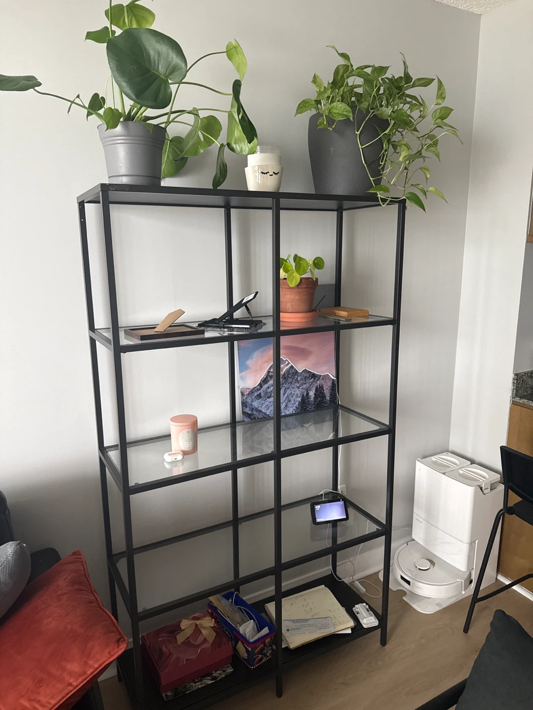 VITTSJÖ Shelf unit black-brown/glass 100x175 cm
