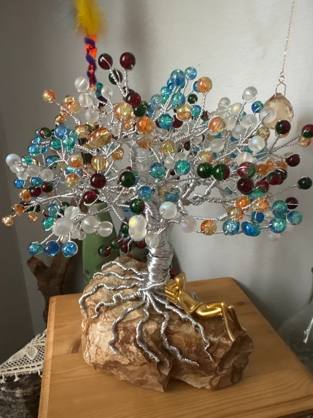 Wire Wrapped Crystal Tree Sculpture with Golden Figure