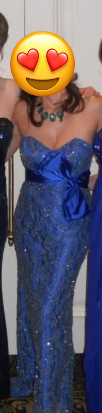 Blue sequined strapless gown with sash
