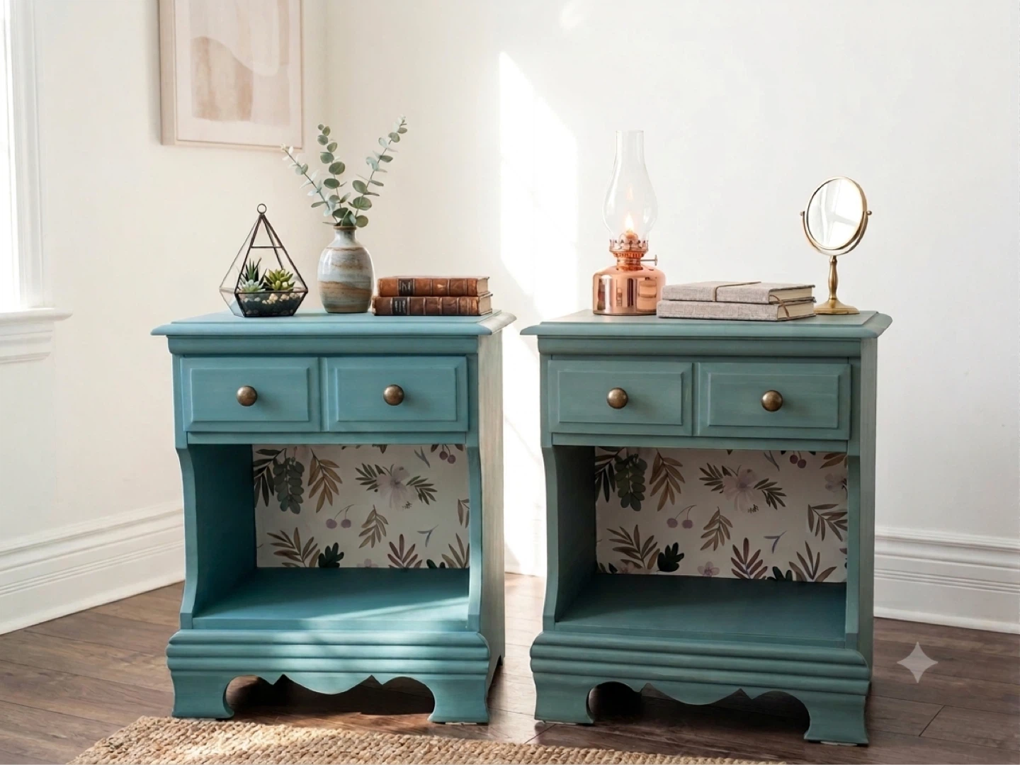 Pair of Refinished Teal Nightstands with Floral Wallpaper
