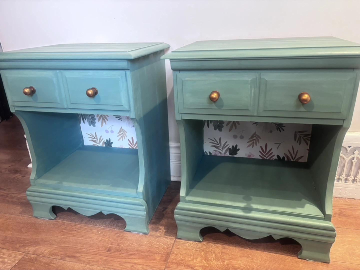 Pair of Refinished Teal Nightstands with Floral Wallpaper - photo 4