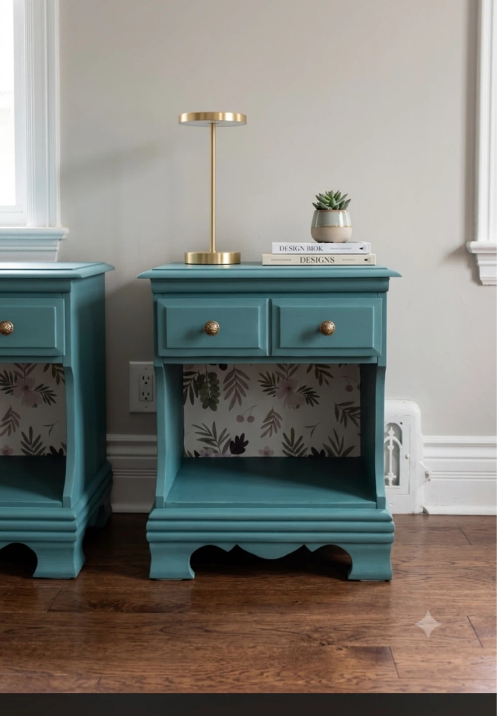 Pair of Refinished Teal Nightstands with Floral Wallpaper - photo 2