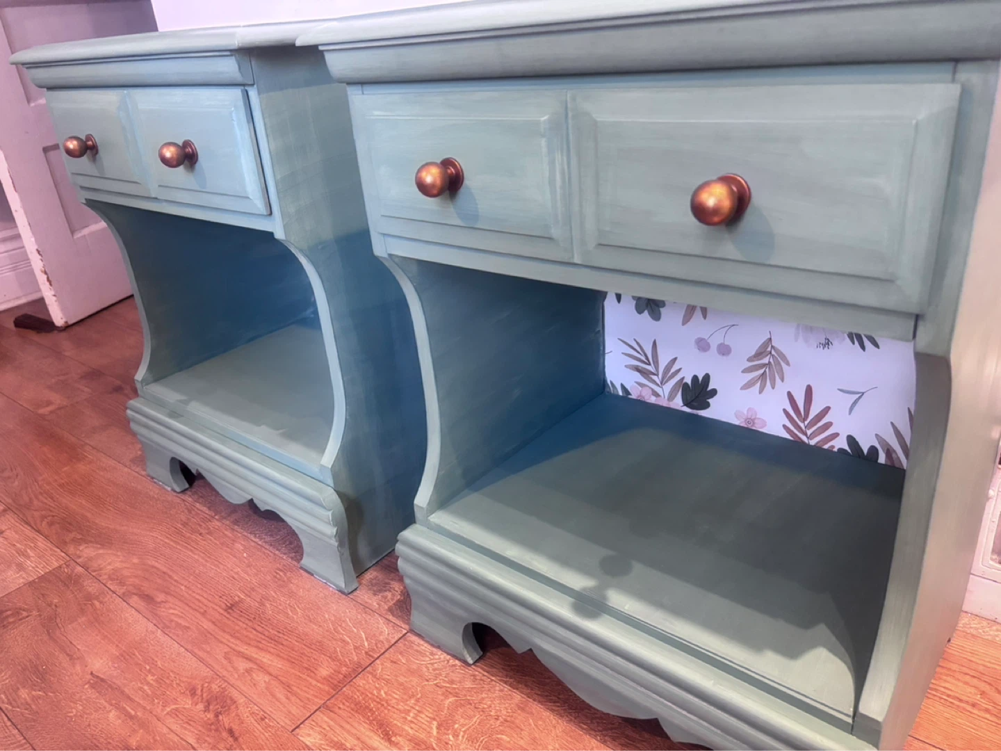 Pair of Refinished Teal Nightstands with Floral Wallpaper - photo 3