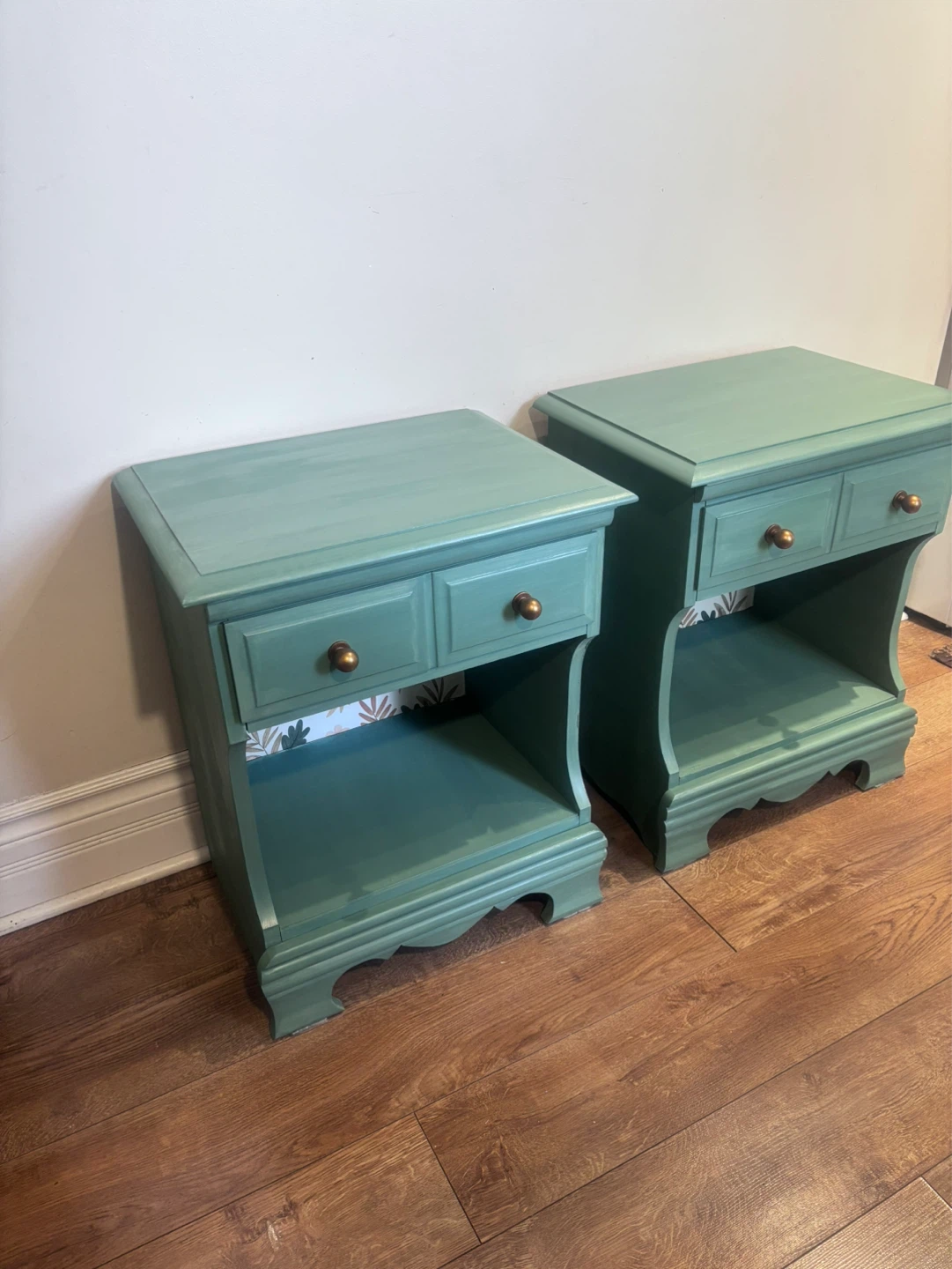 Pair of Refinished Teal Nightstands with Floral Wallpaper - photo 5