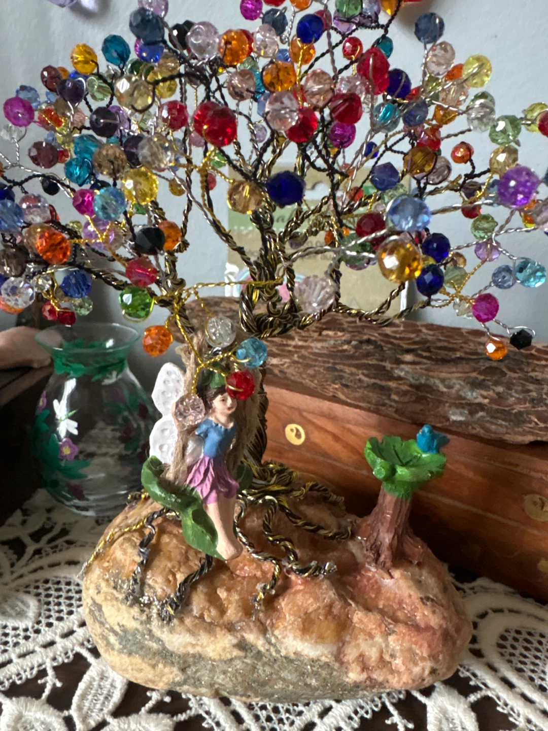 Colorful Beaded Tree with Fairy Figurine