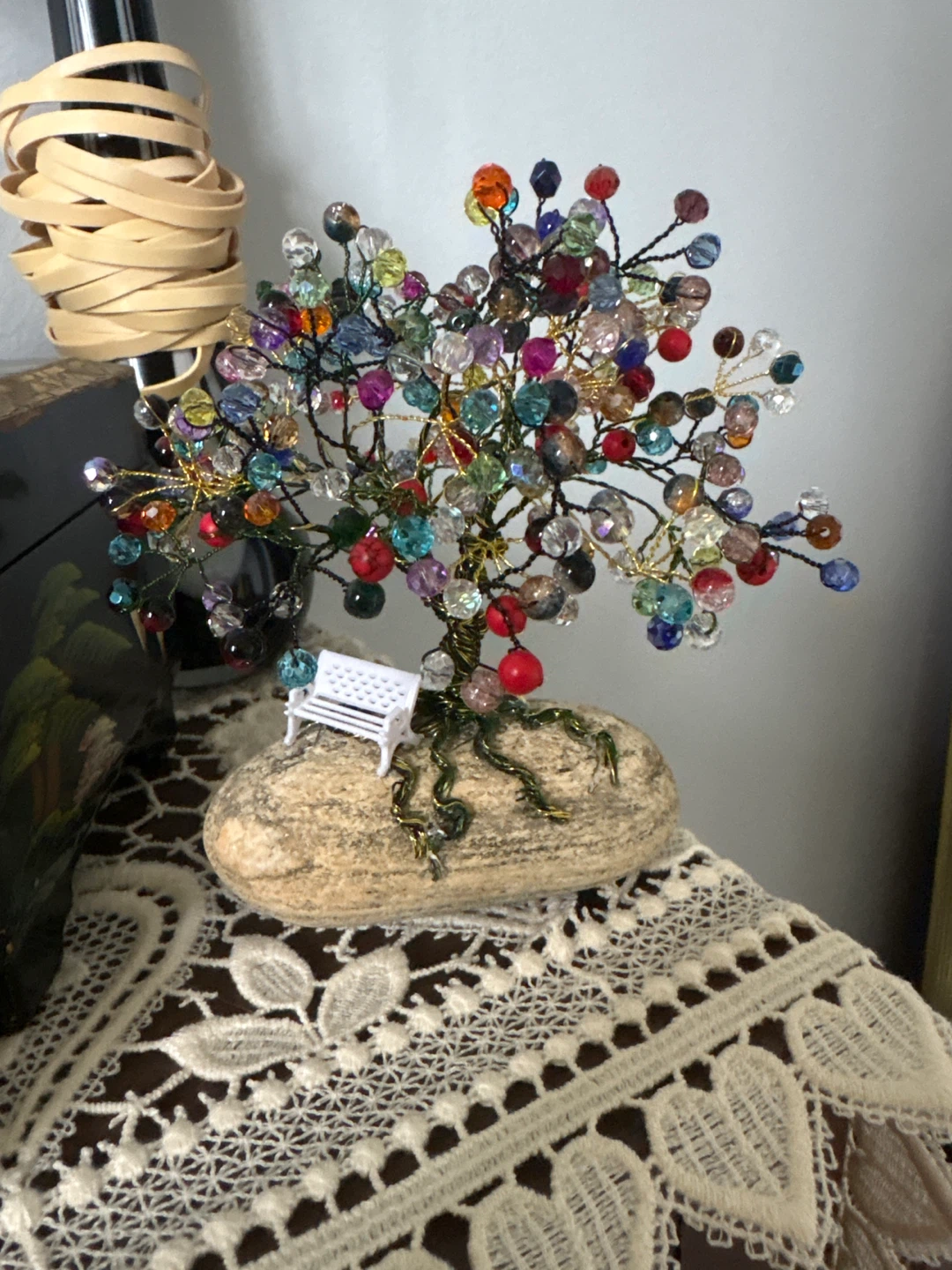 Beaded Tree Sculpture with Miniature Bench