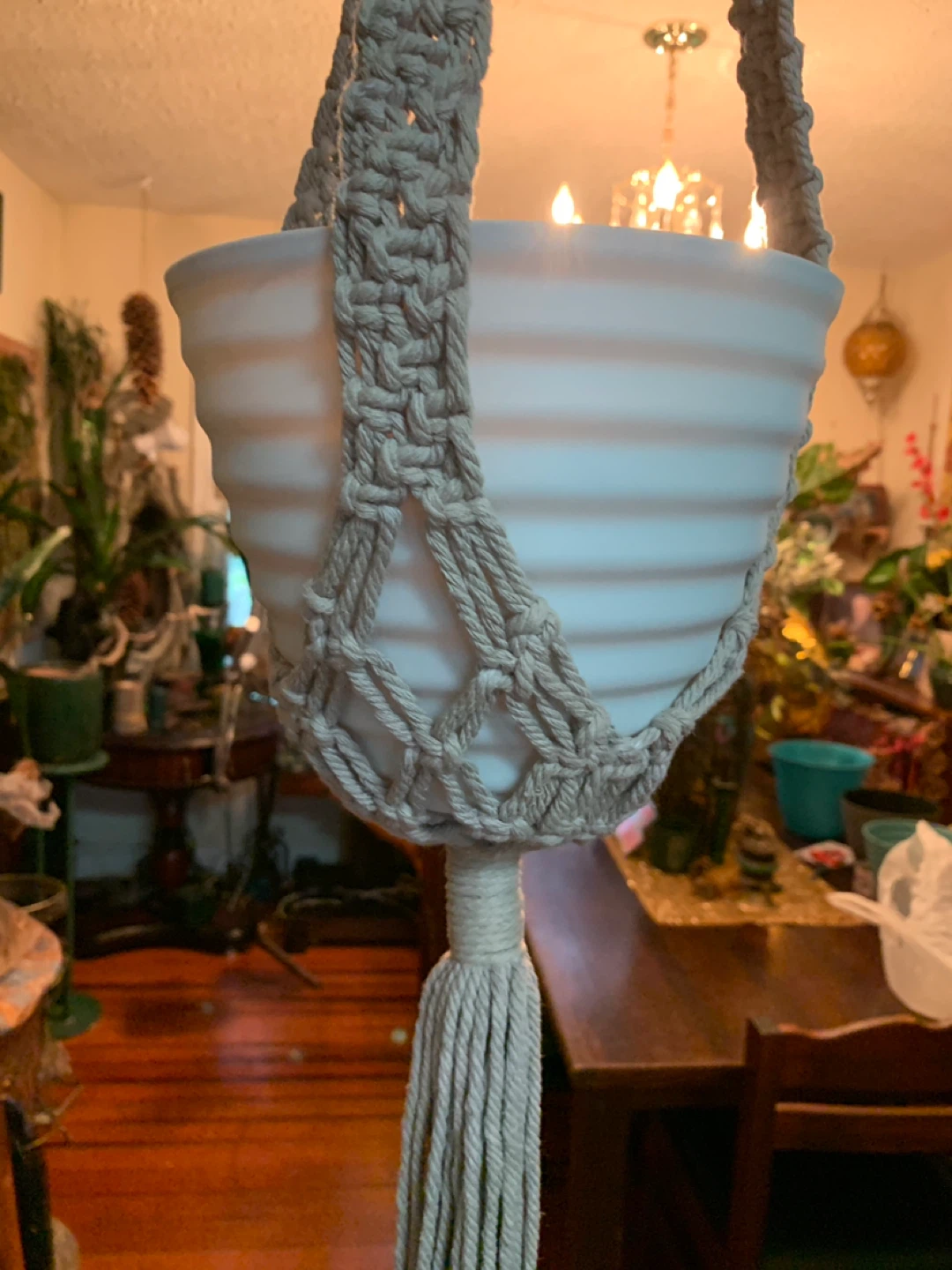 Taupe Macrame Plant Hanger with White Pot. has one twisted band. - photo 2