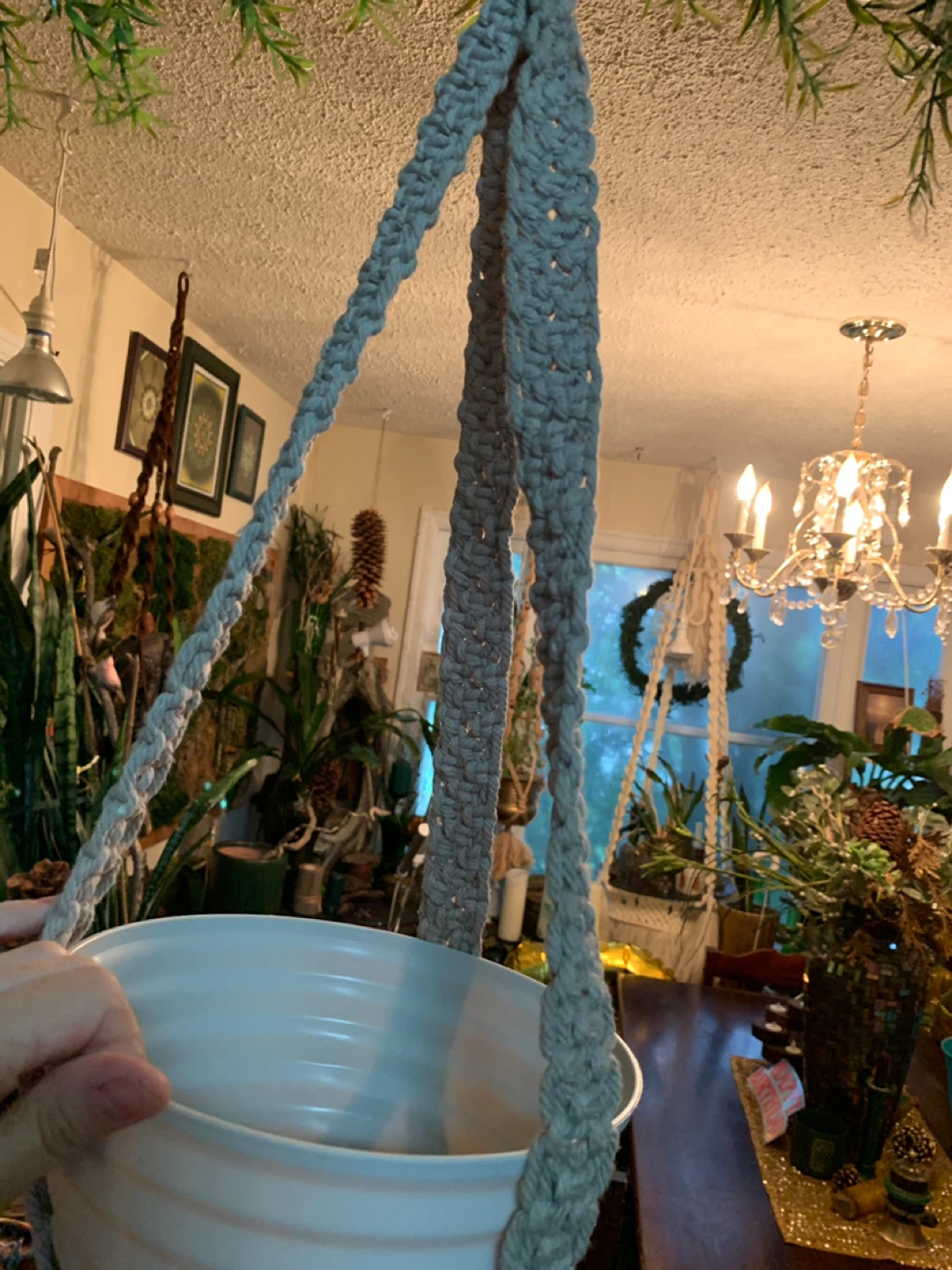 Taupe Macrame Plant Hanger with White Pot. has one twisted band. - photo 4