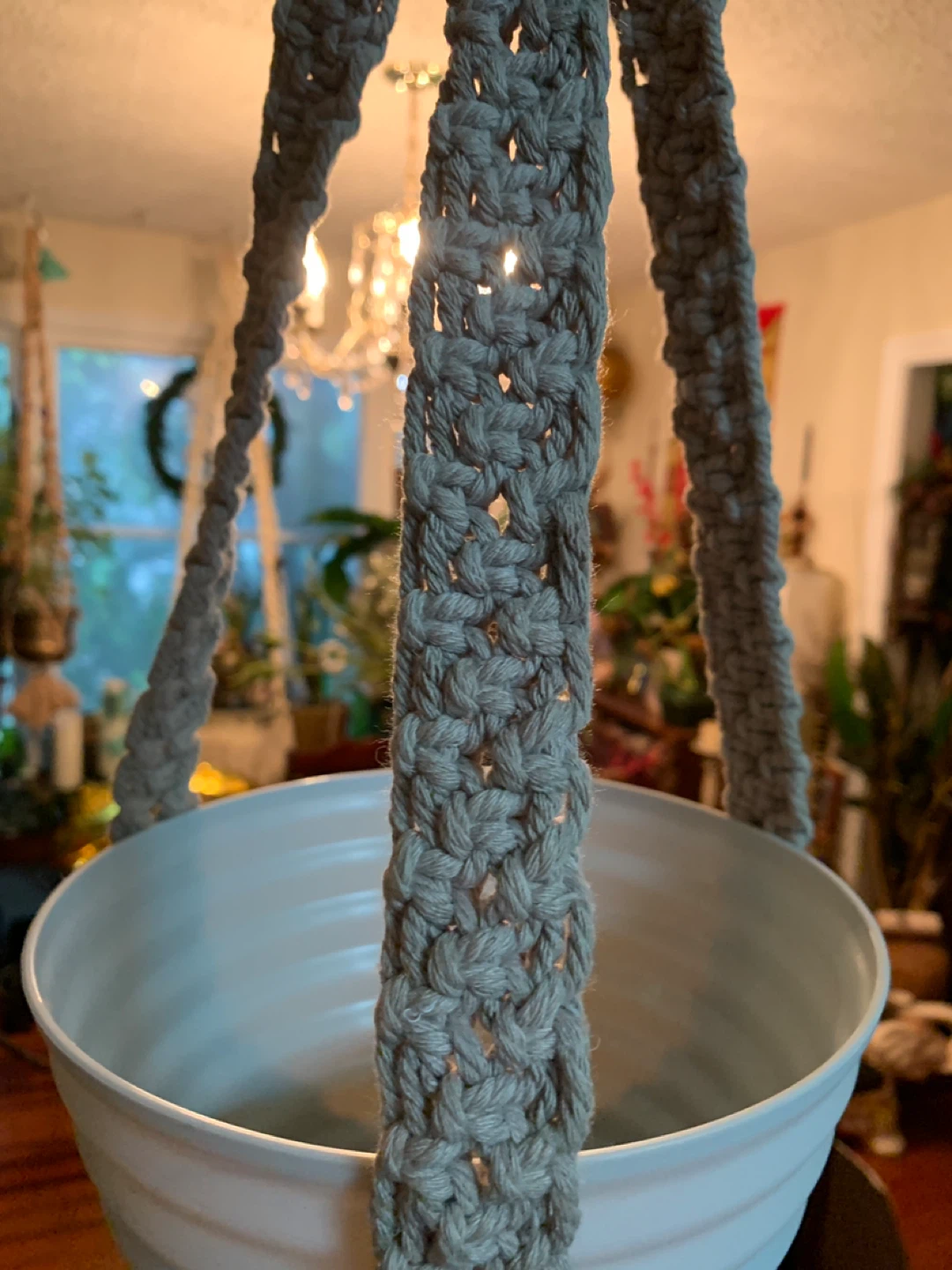 Taupe Macrame Plant Hanger with White Pot. has one twisted band. - photo 3