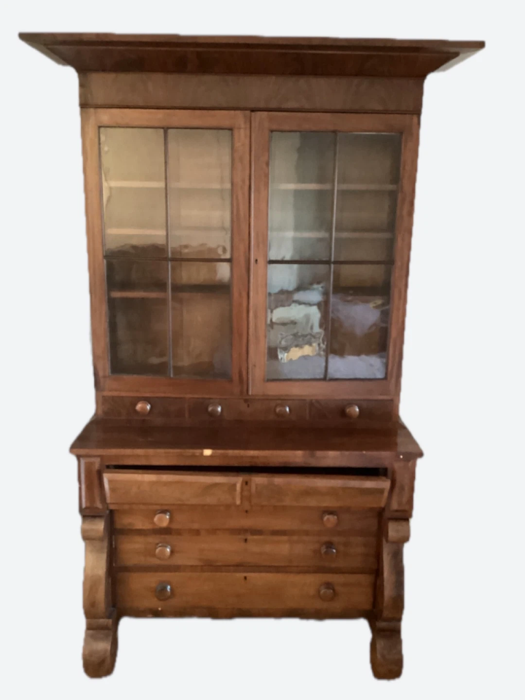 Antique Wooden Secretary Desk with Glass Cabinet