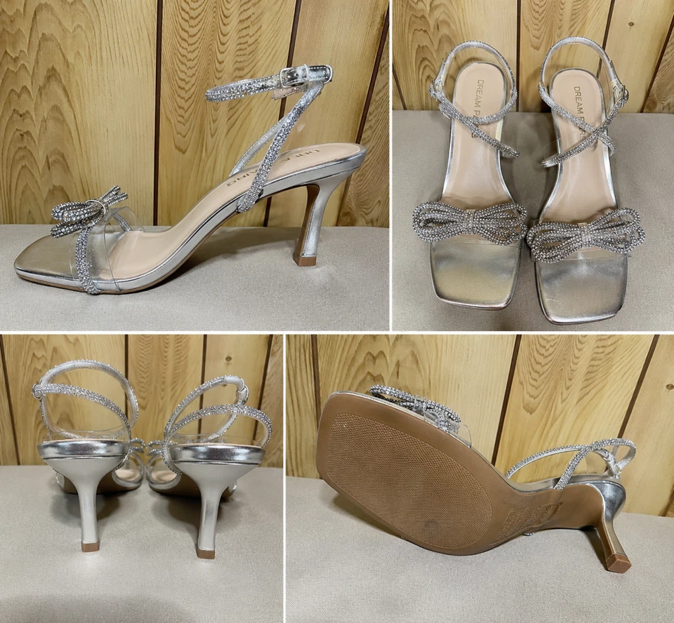 Silver heels with rhinestone bow