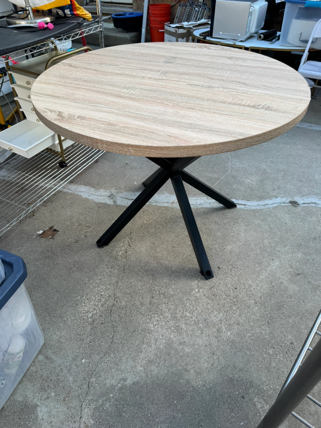Round Woodgrain Dining Table with Black Metal Base - photo 2